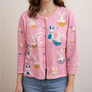 Vintage Jack b quick Pink Easter Bunny sequin 3D whimsy bows Cardigan L